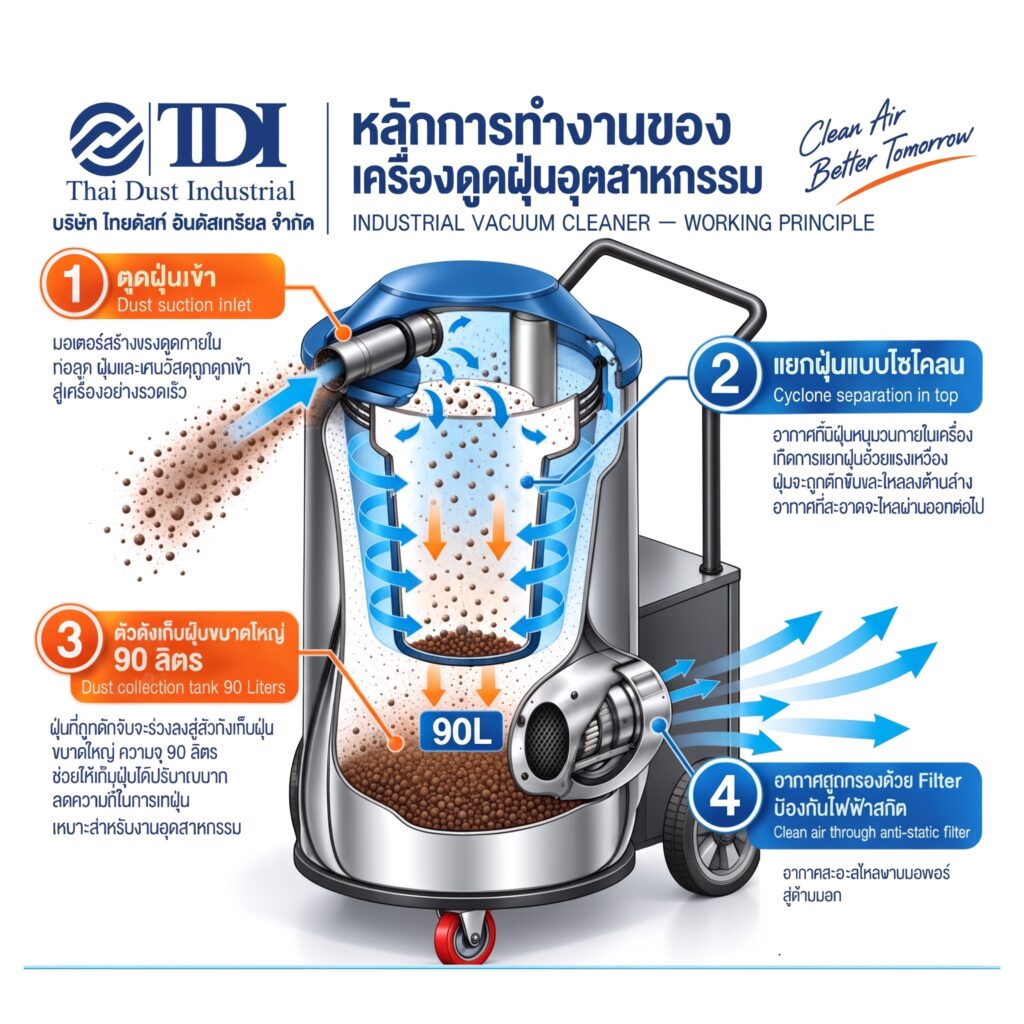 ภาพประกอบหลักการแยกฝุ่นของเครื่องดูดฝุ่นอุตสาหกรรม 4 ขั้นตอน ได้แก่ ดูดฝุ่นเข้า แยกฝุ่นแบบไซโคลน ฝุ่นตกลงถังเก็บ และอากาศผ่านฟิลเตอร์ก่อนออกทางมอเตอร์