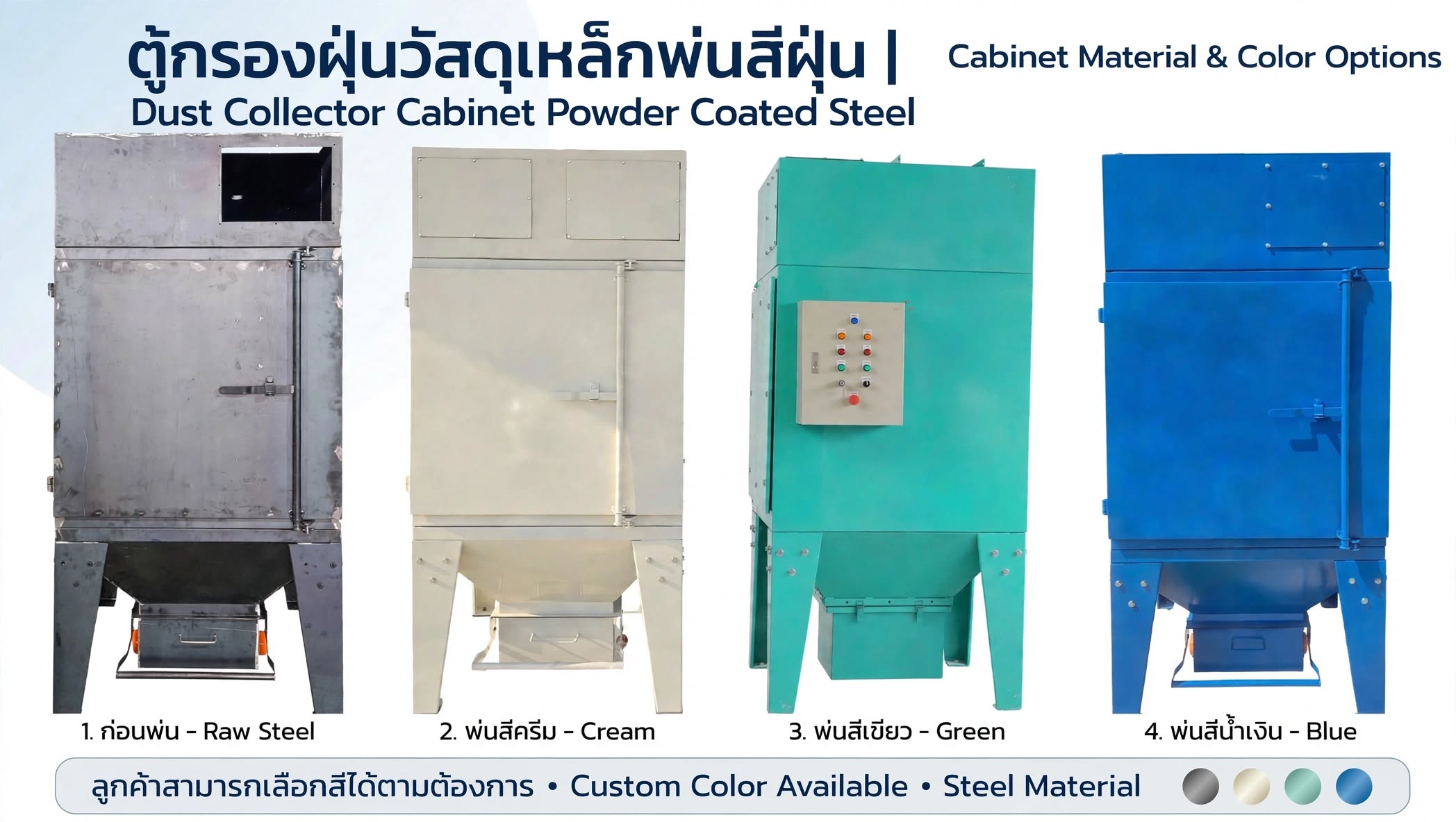 ตู้ Bag Filter วัสดุเหล็ก ก่อนพ่นสีและหลังพ่นสี เลือกสีตู้ได้ตามหน้างาน ไทยดัสท์